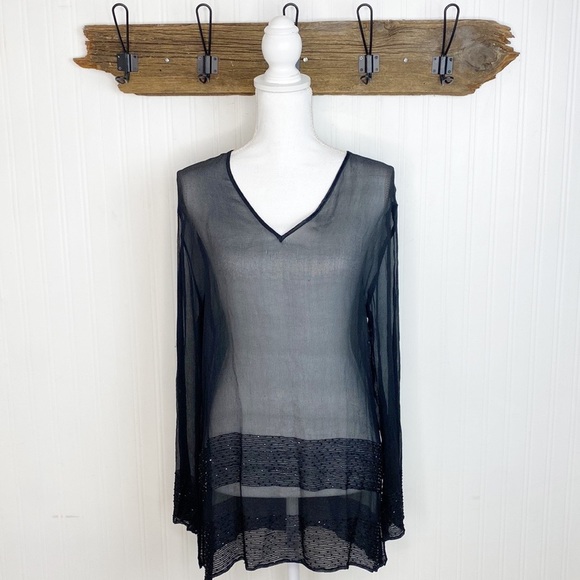 Halston Designer Silk Beaded Sheer Top - Picture 1 of 8